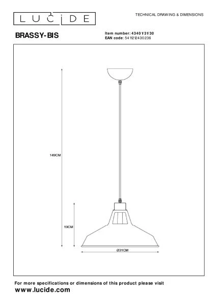 Lucide BRASSY-BIS - Pendelleuchten - Ø 31 cm - 1xE27 - Schwarz - technisch